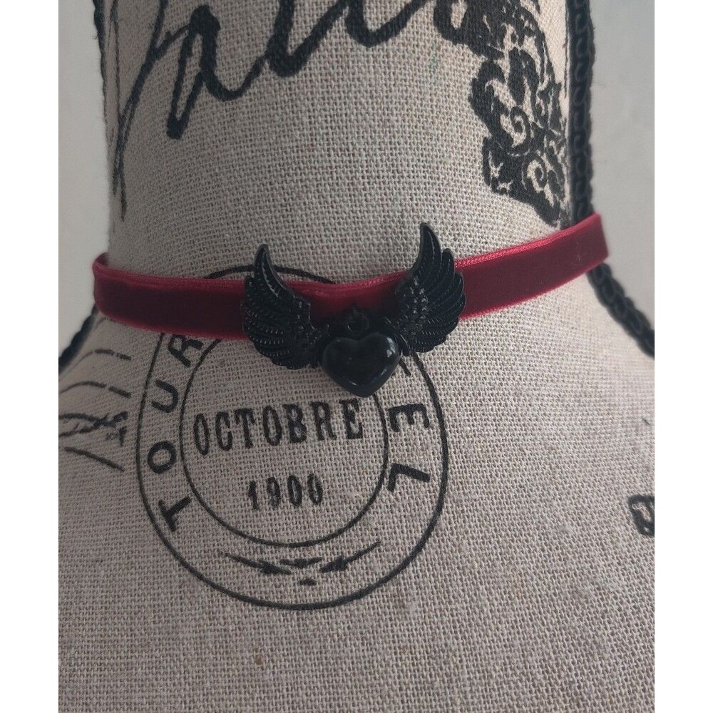 Black Heart & angel wings Hand Crafted Gothic alt red velvet choker necklace